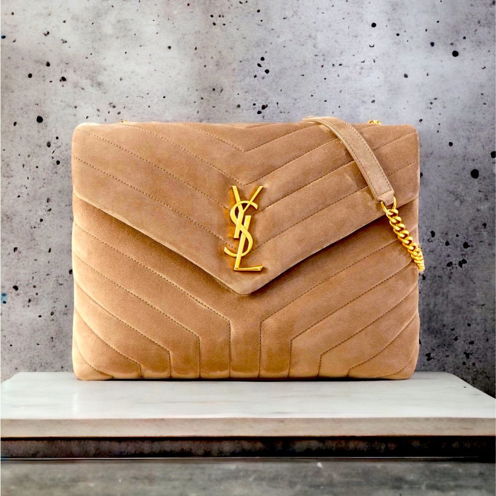 👜 🆕 Saint Laurent Loulou Medium Quilted Suede Shoulder Bag in color Taupe